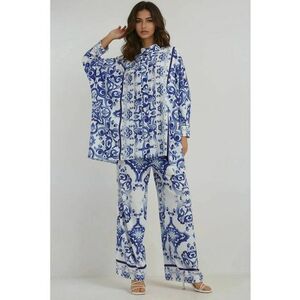 Set doua piese model floral - talie inalta - croiala larga - albastru - textil imagine