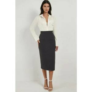 Fusta midi - talie inalta - croiala dreapta - gri - textil imagine