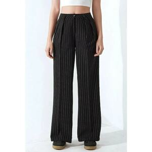 Pantaloni pentru dama - Palazzo - cu dungi - pliati - poliester/viscoza - negru imagine