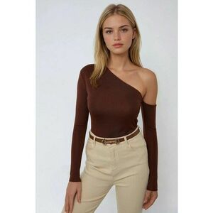 Bluza dama - body drapat cu guler asimetric - slim fit - maro - poliester imagine