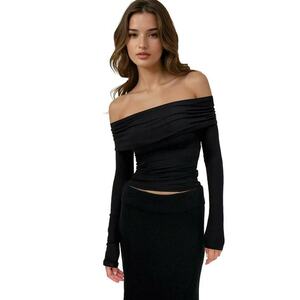 Bluze dama - bluza drapata cu umeri goi - negru - jerseu viscoza imagine