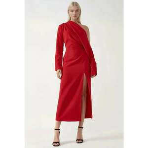 Rochie midi - guler asimetric - crapatura - rosu imagine