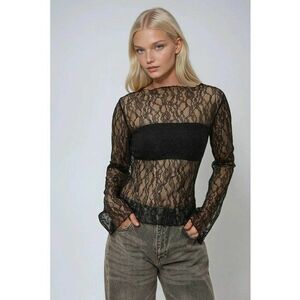 Bluza dama - cu guler rotund - dantela - negru - bumbac imagine