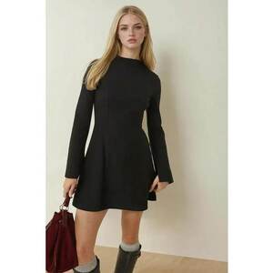 Rochie mini evazata - guler inalt - maneci lungi - negru - textil imagine