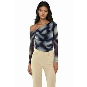 Bluza dama - din tul cu guler asimetric - imprimeu animal print - albastru - poliester imagine