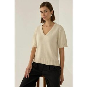 Pulover tricotat - maneca scurta - decolteu in V - natural - acril imagine