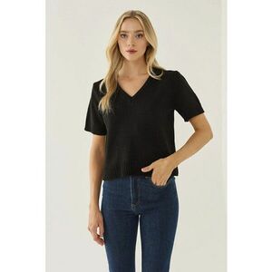 Pulover tricotat - maneca scurta - decolteu in V - negru - acril imagine