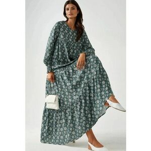 Rochie maxi imprimeu - guler rotund - verde - viscoza imagine