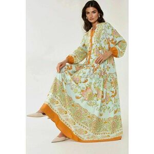 Rochie maxi maneca lunga - imprimeu - portocalie - viscoza imagine