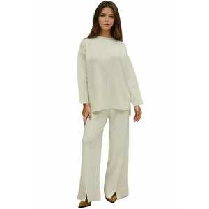 Set compleu pulover lung si pantaloni largi - tricot - alb imagine