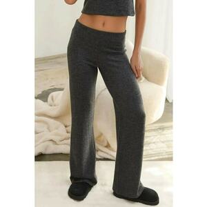 Pantaloni dama - tricotati - talie inalta - gri inchis - material moale imagine