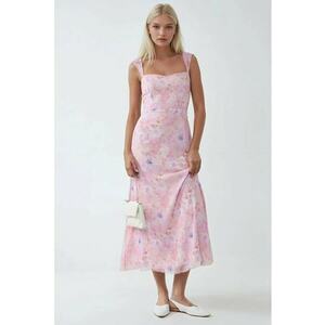 Rochie maxi - florala - guler in forma de inima - roz aprins - textil imagine
