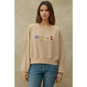 Hanorac dama guler rotund - detalii brodate - bej - textil imagine