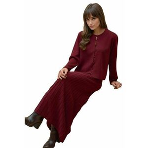 Set tricotat cardigan cu guler rotund si fusta evazata - rosu - tricot imagine
