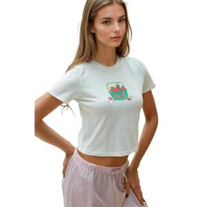 Tricou dama - scurt - guler rotund - croiala regulata - alb - 100% bumbac imagine