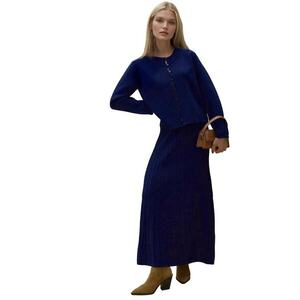 Set tricotat - cardigan cu guler rotund si fusta evazata - confortabil - bleumarin - tricot imagine