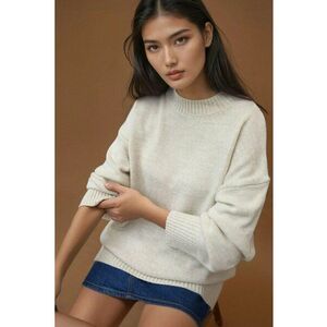 Pulover dama - lung tricotat - guler rotund - alb natural - tricot imagine