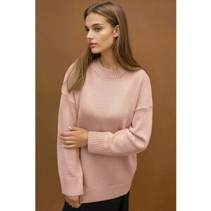 Pulover dama - lung tricotat gros - guler rotund - roz - tricot imagine