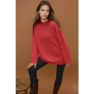 Pulover dama - lung tricotat gros - guler rotund - rosu - tricot imagine