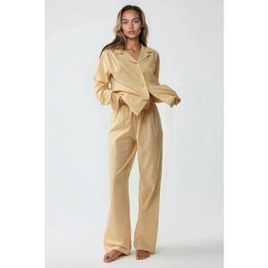 Set pijamale bumbac cu dungi - galben - maneci lungi - guler clasic imagine
