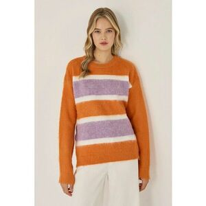 Pulover dama Relaxed Fit - dungi colorate - roz-portocaliu - acril imagine