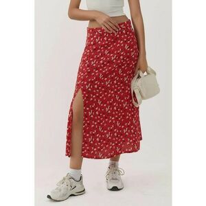 Fusta midi - talie inalta - imprimeu floral - rosu - poliester imagine