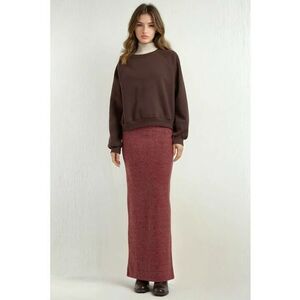 Fusta midi - texturata - cu talie elastica si crapatura - visiniu - tricot imagine