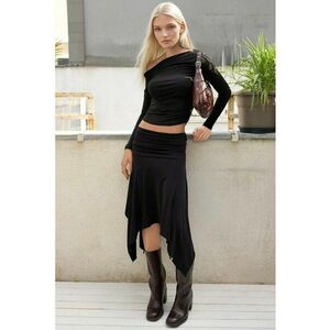 Fusta dama - fusta midi flexibila asimetrica - neagra - textil imagine