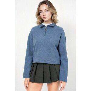 Pulover dama HiCCUP Relaxed Fit Crop - guler cu fermoar - bleumarin - bumbac si poliester imagine