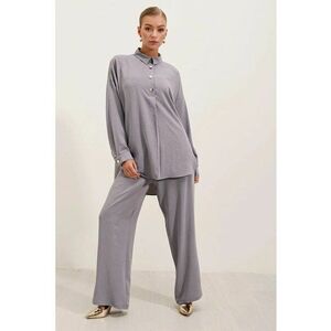 Set camasa texturata cu maneca lunga si pantaloni largi HiCCUP - gri - poliester-lycra imagine