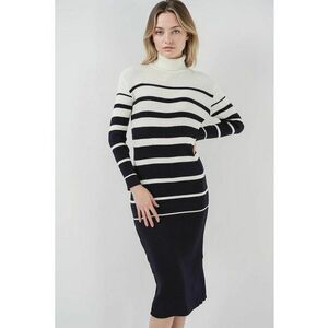 Rochie midi tricotata cu guler inalt - dungi - tricot - Negru - imagine