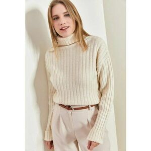 Pulover dama - scurt cu guler inalt - dungi - bej - tricot - imagine