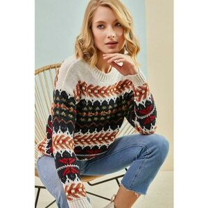 Pulover dama - jacquard cu nervuri - bej - tricot - imagine