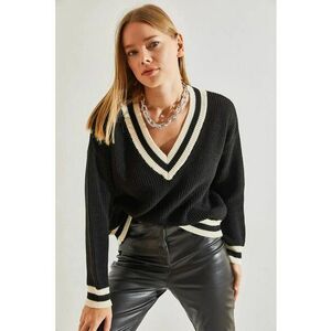 Pulover dama - cu guler in V - nervuri texturate - negru - tricot - imagine