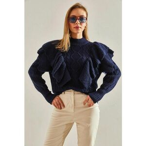 Pulover dama - texturat tricotat cu guler inalt pe jumatate - bleumarin - amestec acrilic si poliester - imagine