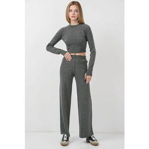Set tricotat pulover scurt cu nervuri si pantaloni largi - gri inchis - acril - imagine