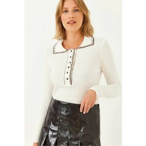 Pulover dama - texturat - guler cu nasturi - alb - tricot - imagine