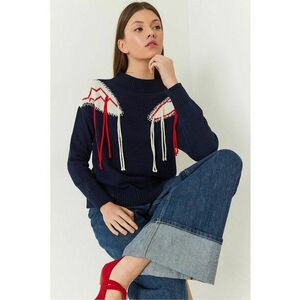 Pulover dama - cu guler rotund si franjuri - bleumarin - tricot - imagine