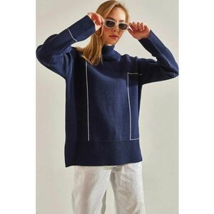Pulover dama - model geometric - guler inalt - bleumarin - tricot - imagine