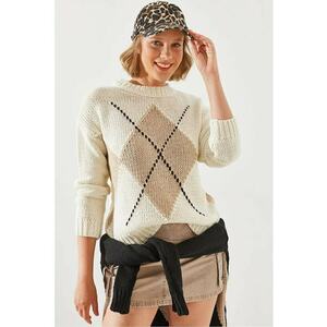 Pulover tricotat - model geometric - guler rotund - bej - tricot - imagine