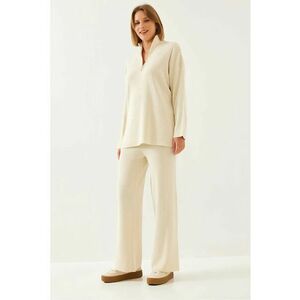 Costum dama - set doua piese cu guler cu fermoar si crapatura - bej - tricot - imagine