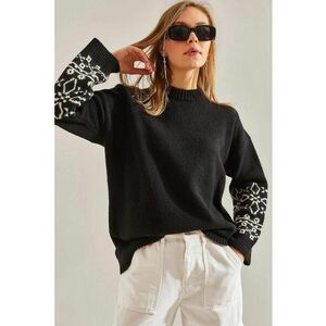Pulover tricotat jacquard cu guler rotund broderie - negru - material acrilic si poliester - imagine