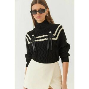 Pulover tricotat - guler inalt - detaliu panglica - negru - acrilic - imagine