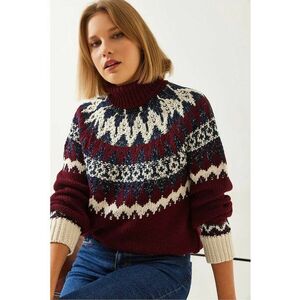 Pulover tricotat - jacquard - guler inalt - visiniu - amestec acrilic-poliester - imagine