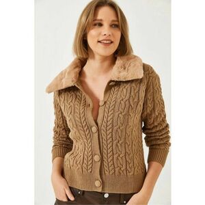 Cardigan - texturat cu guler sal din blana artificiala - maro - tricot - imagine