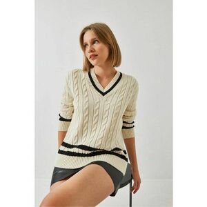 Pulover tricotat cu nervuri - model Baclava - bej - tricot - imagine