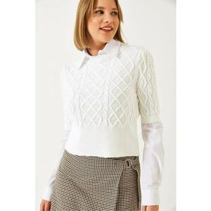 Pulover crop texturat tricotat cu guler camasa - alb - tricot - imagine