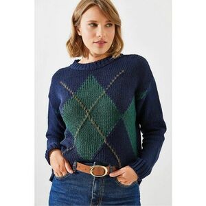 Pulover dama - tricotat cu model geometric - guler rotund - bleumarin - material acrilic - imagine
