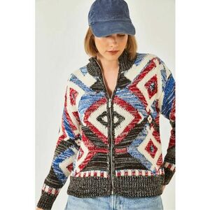 Pulover dama - cardigan cu guler cu fermoar - model geometric - multicolor - tricot - imagine