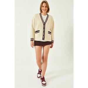 Pulover dama - cardigan cu model - decolteu in V - buzunare - bej - tricot - imagine